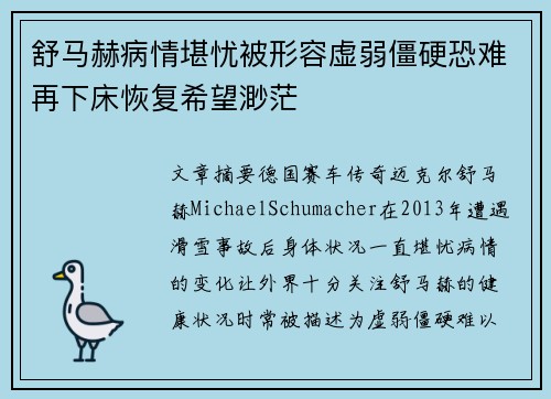 舒马赫病情堪忧被形容虚弱僵硬恐难再下床恢复希望渺茫 舒马赫病情堪忧被形容虚弱僵硬恐难再下床恢复希望渺茫