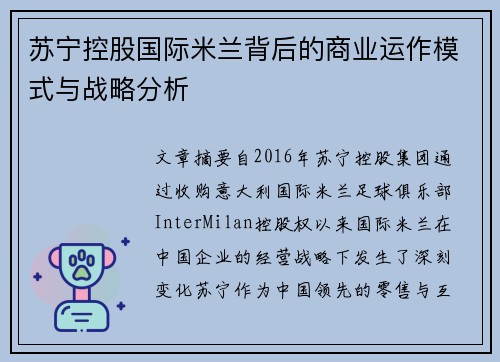 苏宁控股国际米兰背后的商业运作模式与战略分析 苏宁控股国际米兰背后的商业运作模式与战略分析